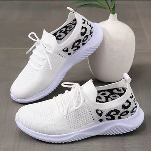 White Knit Leopard Print Shoe